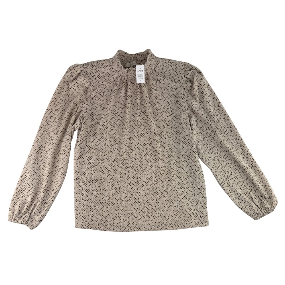 LOFT Blouse Womens Size‎ M Tan Polka Dot Mock Neck Smocked Long Sleeve Top NWT